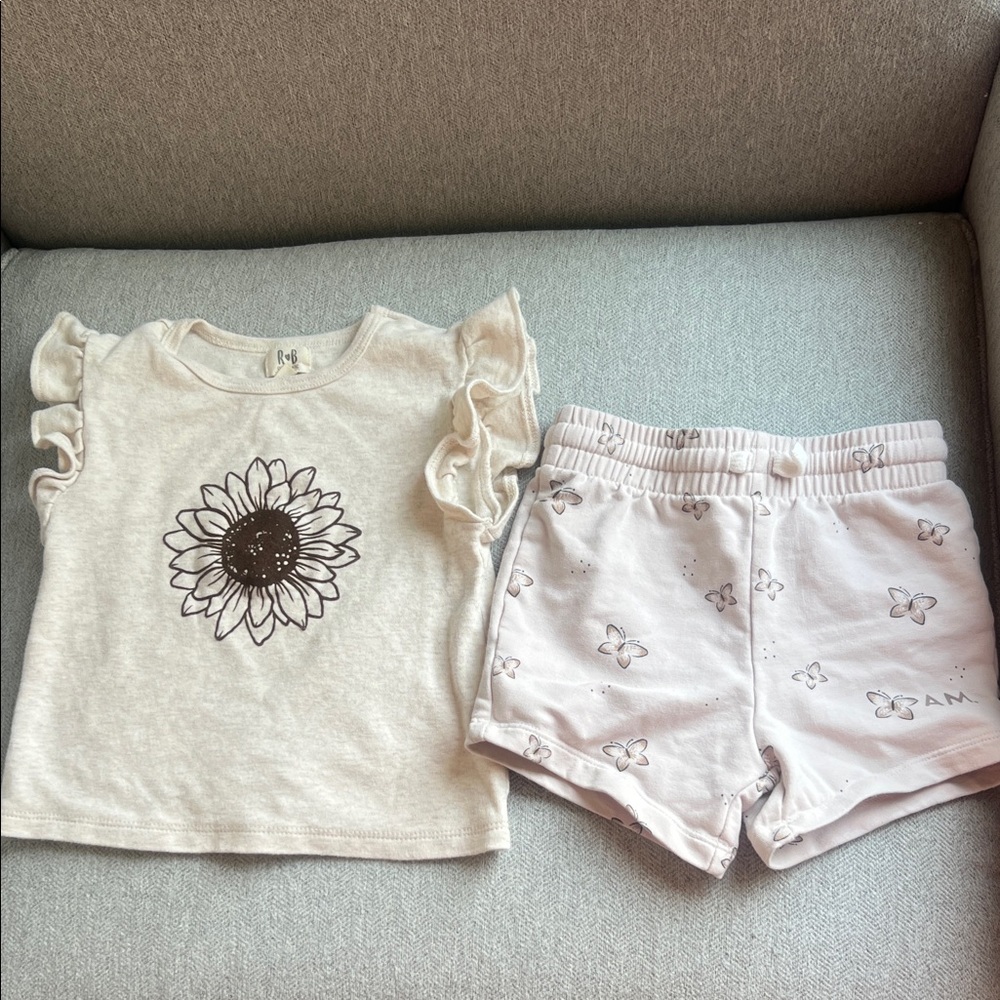 EUC Organic Cotton Sz 3 Sunflower Ruffle Sleeve Top+ Butterfly Shorts Set